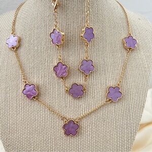18K Gold Fulled Purple clover Necklace SET on stainless steel Womens jewelry